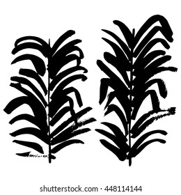 Vector hand-painted ink illustration with brush strokes. Abstract background. Flowers, leasts.