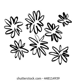 Vector hand-painted ink illustration with brush strokes. Abstract background. Flowers.