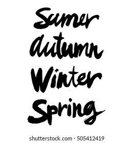 Vector handpainted ink illustration with lettering. summer, autumn, winter, spring.