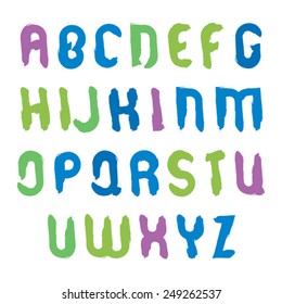 Vector hand-painted multicolored capital letters isolated on white background, uppercase art script with brushstrokes, doodle watercolor font.
