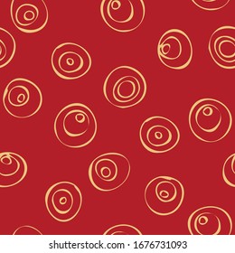 Círculo rojo vectorial pintado a manoCírculos dibujados a mano. Formas dentro. Patrón vectorial para el diseño. Patrón para impresión en tela. Rasgos amarillos de círculos sobre un fondo rojo.