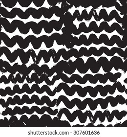 Vector hand-painted seamless pattern with ink brush wave strokes. Abstract background.