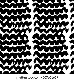 Vector hand-painted seamless pattern with ink brush wave strokes. Abstract background.