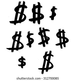 Vector hand-painted seamless pattern with ink signs of dollar. Abstract background. Doodles.