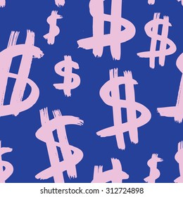 Vector hand-painted seamless pattern with ink signs of dollar. Abstract background. Doodles.