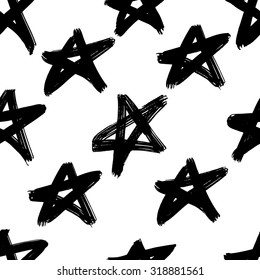 Vector hand-painted seamless pattern with ink brush strokes. Abstract background.Stars.