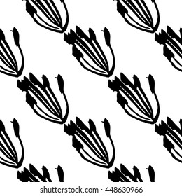 Vector hand-painted seamless pattern with ink brush strokes. Abstract background. Flowers.