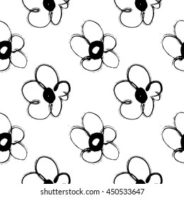 Vector hand-painted seamless pattern with ink brush strokes. Abstract background. Flowers.