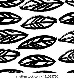 Vector hand-painted seamless pattern with ink brush strokes. Abstract background. Flowers.