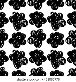 Vector hand-painted seamless pattern with ink brush strokes. Abstract background. Flowers.