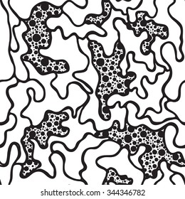 Vector hand-painted seamless pattern with puzzle, spot, doodle. Abstract background in memphis style for textile, pillow, copybook, dishes another business