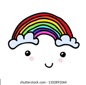 Vector Hand-painted smiling rainbow with clouds. Hand-drawn youth childly doodle patch, comics sticker. Perfectly suitable on a laptop, jeans jacket, other clothes