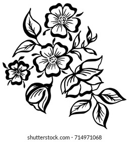 Vector hand-painted vintage flowers with curls isolated on white background