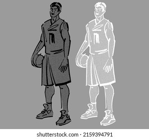 the vector handrawen sketch of the basketball player silhouette in white and black colors