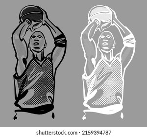 the vector handrawn sketch of the basketball player silhouette in white and black colors
