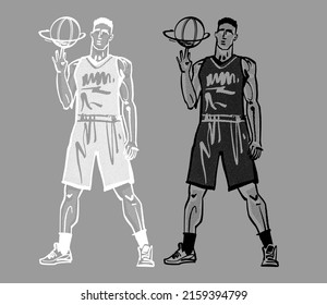 the vector handrawn sketch of the basketball player silhouette in white and black colors