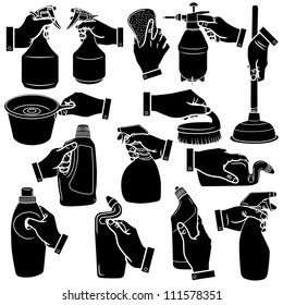 Vector hands & bathroom silhouettes set.