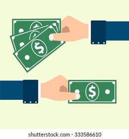 vector hands in a blue suit with dollars are exchanged on a yellow background