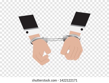 A vector of hands of businessman in back suit arrested Control by putting silver handcuffs isolated on transparency background, Lock the shackle