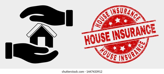 Vector hands care home icon and House Insurance watermark. Red round grunge watermark with House Insurance text. Vector composition for hands care home in flat style.