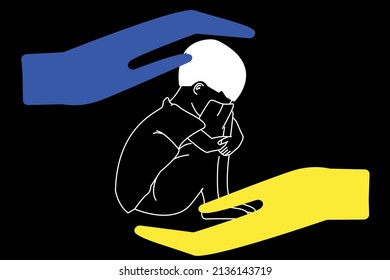 ,vector of hands with colors of national ukrainian flag near scared kid crying isolated on black