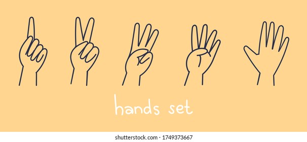 Vector Hands counting show fingers.  Line style isolated elements. Trendy hand icons. Counting on fingers. Modern doodle hand wrists. Yellow background isolated.