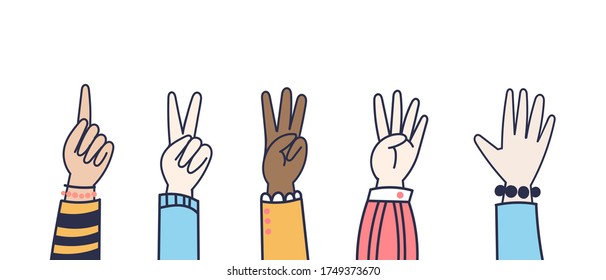 Vector Hands counting show fingers. Colorful doodle style isolated elements. Trendy hand icons. Counting on fingers. Modern line hand wrists. 