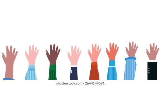 Vector Hands in different colors and clothes are lifting on white background. Suitable for elements of demonstration, cooperation, equality or difference.