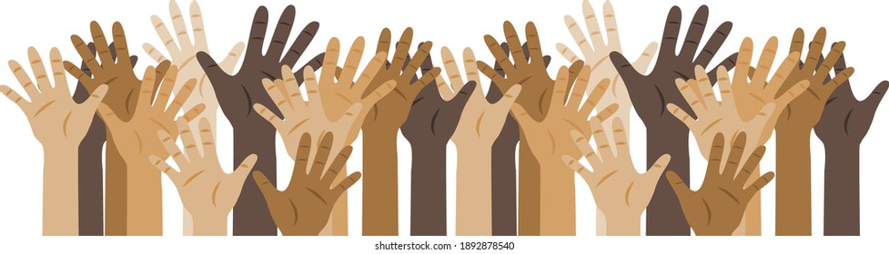 vector hands of different colors. Multiracial hands reaching up