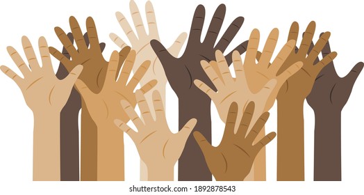 vector hands of different colors. Multiracial hands reaching up