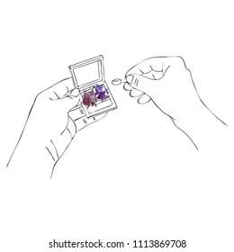 vector hands with eye shadow box, line drawing make-up isolated symbol at white background