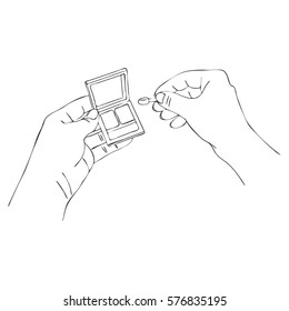 vector hands with eye shadow box, line drawing make-up isolated symbol at white background