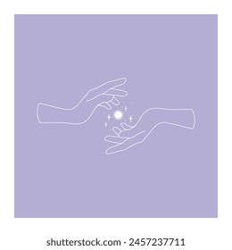 Vector hands gesture of logo design templates in minimal linear style. Sun, moon, stars. Concept of Astrology, Esoterics, Magic, Beauty Salon, Tattoo, Cosmetics. Pastel colors.