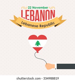 Vector Hands Hold Hearts Style Flag Balloon. November 22 Lebanese Republic National Celebration Card, Flat Background, Badges Design