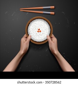 vector hands holding Bowl of white rice with chopsticks on blackboard