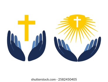 Vector hands holding a cross. Icon and symbol of faith. Religion, Church. Logo