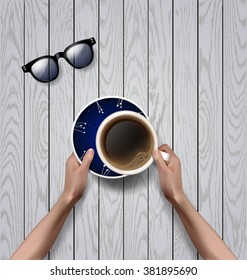 Vector hands holding cup of coffee  and sunglasses. workspace. Blue plate with flowers ornament