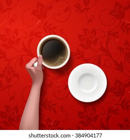 Vector hands holding cup of coffee.  workspace. plate with flowers ornament on red background