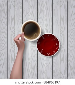 Vector hands holding cup of coffee. red plate with floral ornament