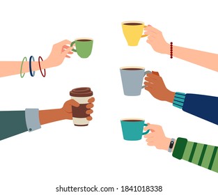 Vector hands holding cups of cofee and tea isolated on white background. Friends meeting