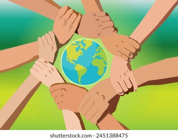 vector of hands holding each other signifying group teamwork in protecting nature globe earth round