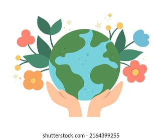 Vector hands holding earth with flowers. Earth day illustration with cute planet. Environment friendly icon with globe. Cute ecological concept
