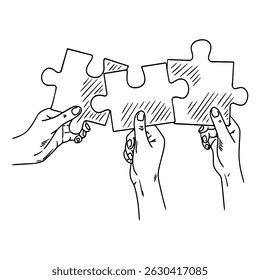 Manos de Vector sosteniendo piezas de rompecabezas. Manos de negocios sosteniendo piezas de rompecabezas como solución al problema. Boceto de trabajo en equipo	
