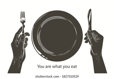 Vector hands holding a knife and fork by a plate on a table. Fasting, starvation, diet, weight loss, healthy eating concept. Bon appetit. Cutlery sketch line drawing silhouette realistic illustration.