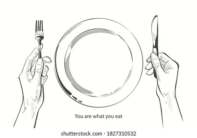 Vector hands holding knife   fork by plate table  Fasting  starvation  diet  weight loss  healthy eating concept  Bon appetit  Cutlery sketch line drawing realistic illustration 