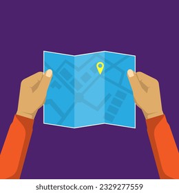 Manos vectoras sujetando el mapa para guía de viaje, buscando el concepto de punto de anclaje para viaje, espacio de copia de objetos editable para texto y diseño