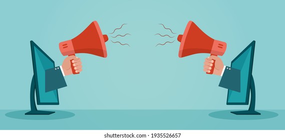 Vector of hands holding megaphone coming out from desktops. Digital marketing concept 
