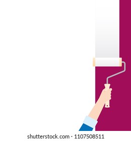 Vector hands holding paint roller painting wall