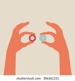 Vector hands holding a red and blue shutter sign icon.