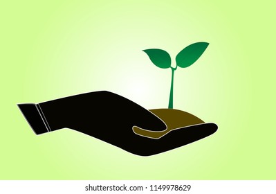 Vector hands holding small seedlings of trees.